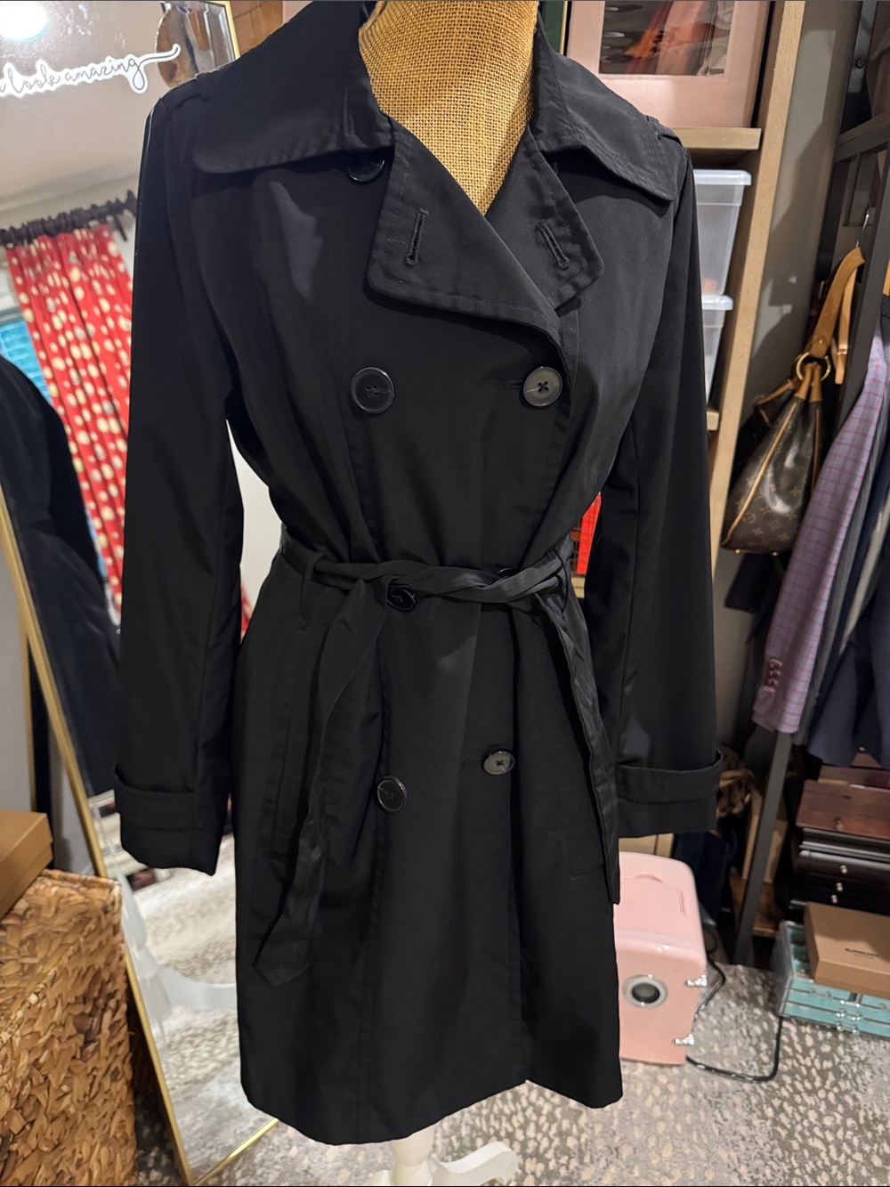 London Fog Black Double-Breasted Trench Coat with Belt